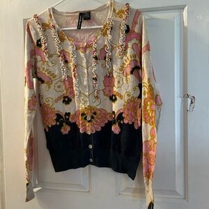 Anthropologie Pink Black Cream Floral Ruffle-Trim Button Cardigan